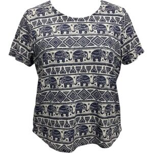 Bon Worth Womens Navy Blue White Elephant Tribal Print Rhinestone Top XL